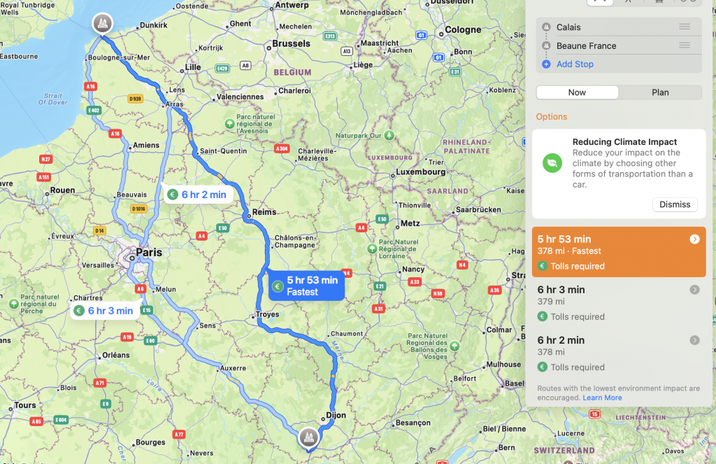 Map driving to Beaune